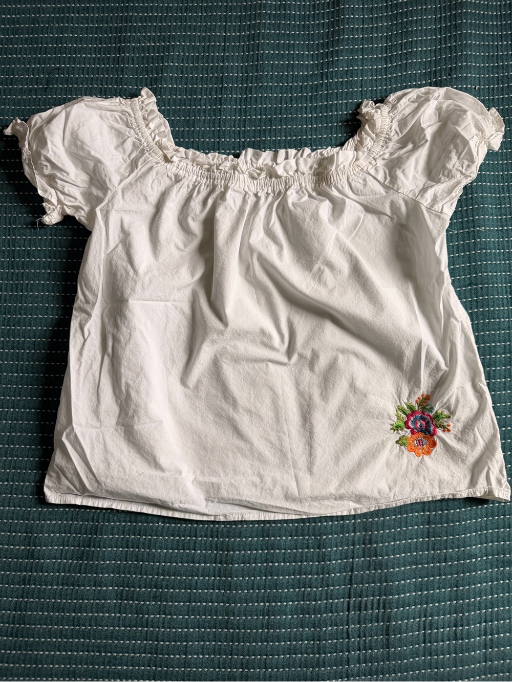 Girls White Off-Shoulder Top with Floral Embroidery